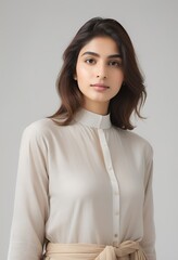Obraz premium Contemporary Portrait of a Young Pakistani Woman with Direct Gaze and Soft Lighting
