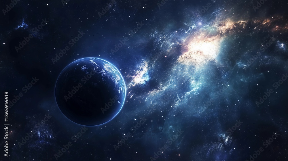 Wall mural a large planet is floating in the vast expanse of space, surrounded by a multitude of stars and spac