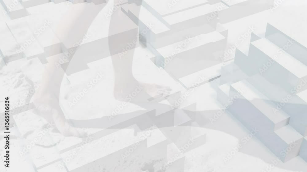 Poster animation of geometric shapes overlapping with legs walking on white background