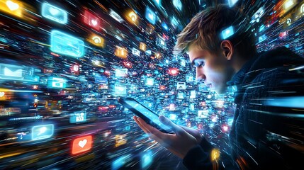 Digital Overload.  A person engrossed in a tablet, surrounded by a blur of social media icons, suggesting fast-paced digital communication and information overload
