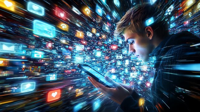 Digital Overload.  A person engrossed in a tablet, surrounded by a blur of social media icons, suggesting fast-paced digital communication and information overload