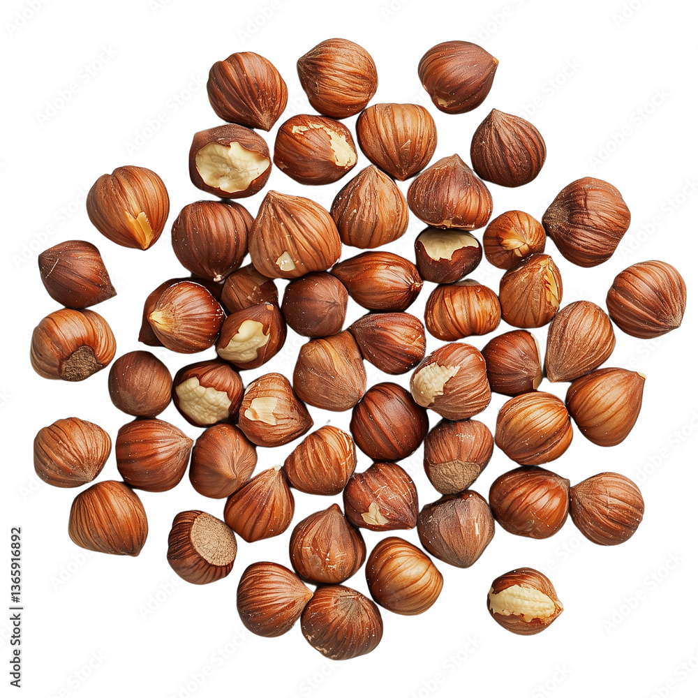 Poster a close-up view of a pile of hazelnuts showcasing their textured shells highlighting their natural c