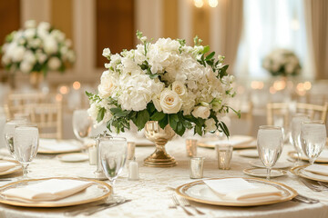 Table set with white flowers and gold chargers.