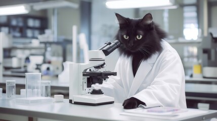 Black cat scientist doing research in laboratory with microscope. Generative ai illustrations