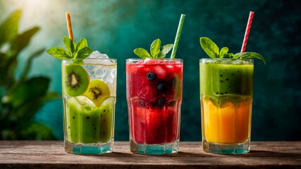 Refreshing summer drinks in glasses with fresh fruits and berries
