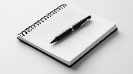A sleek black pen and notebook, placed on a clean white surface