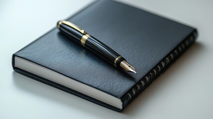A sleek black pen and notebook, placed on a clean white surface