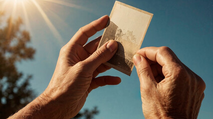 Old man's hands holding an old photo