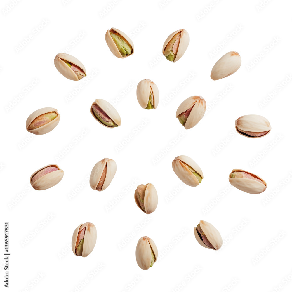Poster a circular arrangement of open pistachio nuts showcasing their light-colored shells and vibrant gree