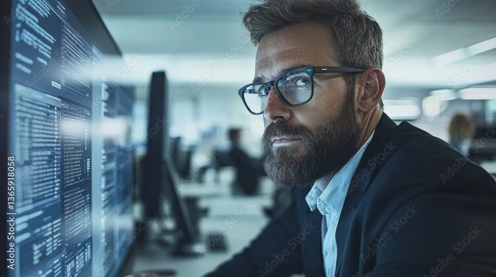 Poster focused man with glasses working on computer in modern office environment, surrounded by technology 