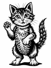 Obraz premium Detailed Black and White Cat Illustration – Playful Kitten in Woodcut Style with Expressive Eyes.