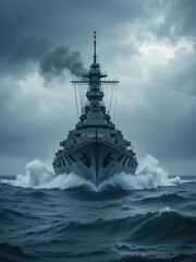 Modern battleship on stormy seas