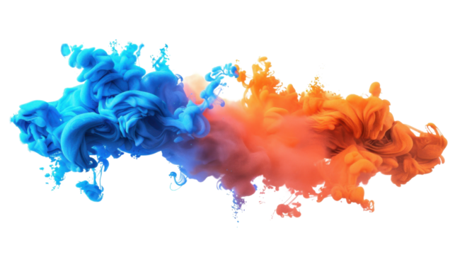 Blue and orange ink mixing together on transparent background