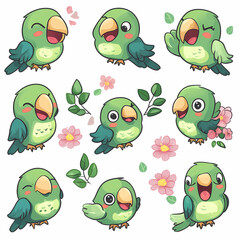 Obraz premium Playful Parrot Collection: Adorable green parrots in various poses with different emotions, leaves and flowers. Capture their innocent and playful nature with a touch of freshness.