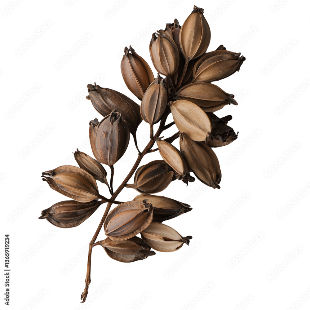 Poster dried andiroba seed pods arranged artistically showcasing their unique shapes and textures. isolated