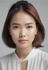 Sleek Portrait of a Young Indonesian Woman in Modern Attire, Engaging Directly with the Viewer, Featuring a Calm Expression and Soft, Balanced Lighting on a Crisp White Backdrop