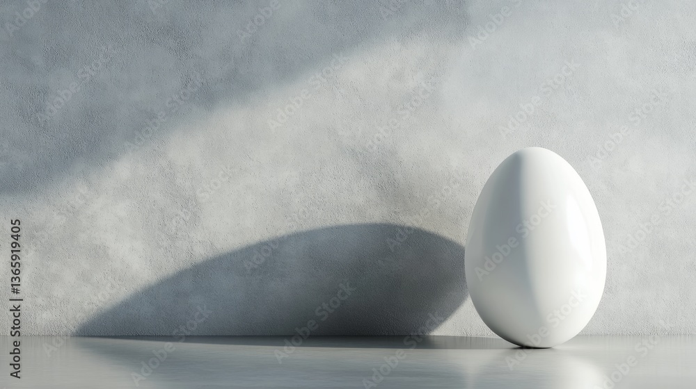 Poster white egg casting a shadow on a smooth gray surface in a minimalist indoor setting during the daytim