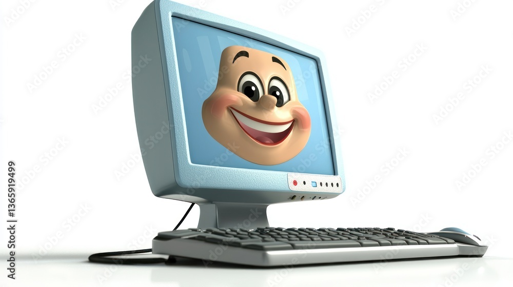 Poster cartoon character smiling from a computer screen in a bright, minimalistic workspace setting