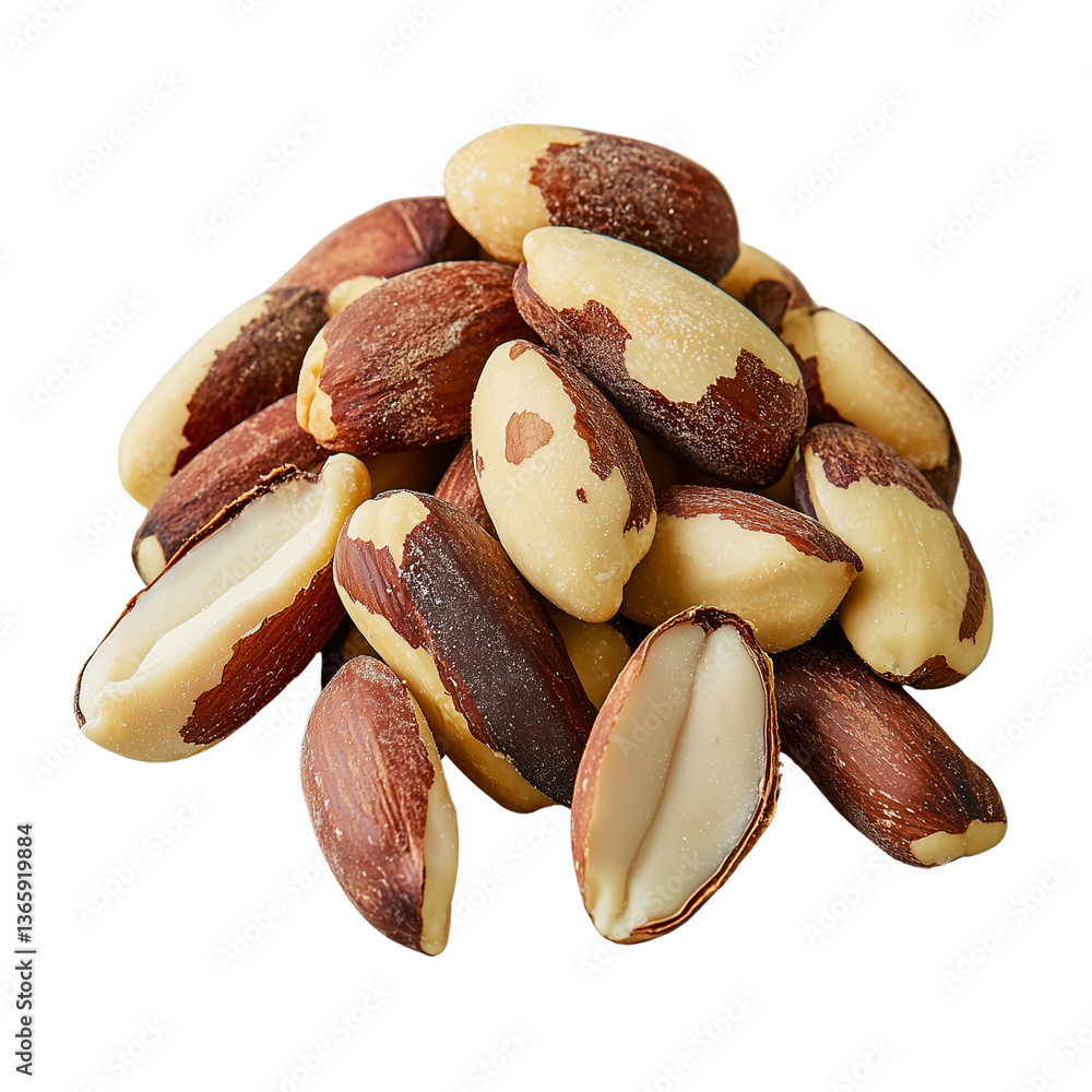 Poster a pile of assorted brazil nuts with unique shells, showcasing a mix of colors and textures, set isol