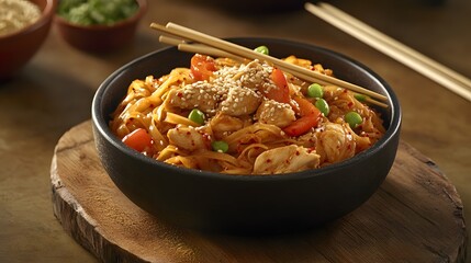 Fototapeta premium Delicious Chicken Stir-Fry Noodles with Peppers and Sesame Seeds