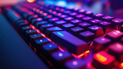 A close-up shot of a mechanical keyboard with backlit keys, on a white background