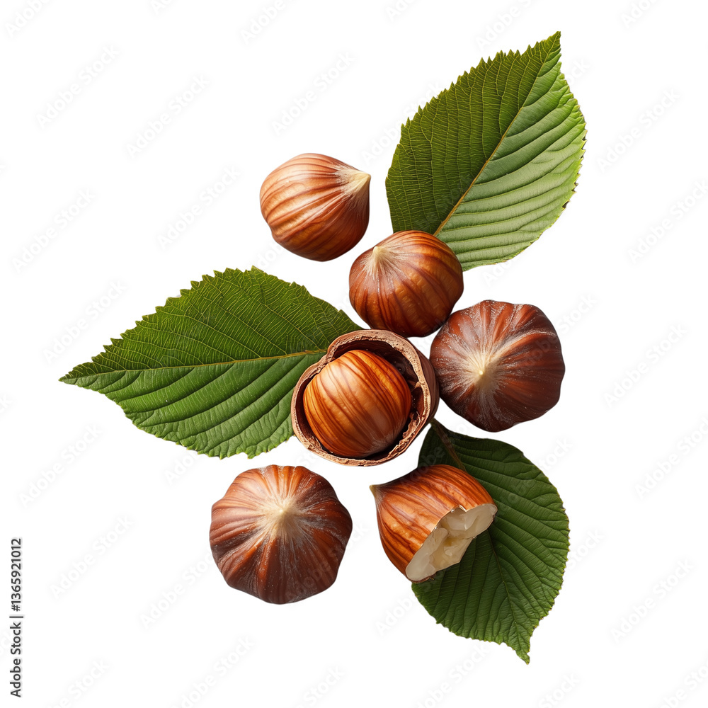 Poster a cluster of hazelnuts and green leaves showcasing the natural texture and color of the nuts and fol