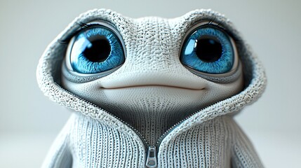 Knitted Frog Character with Enormous Baby Blues Eye Appeal Adorable Design Look with Hoodie.
