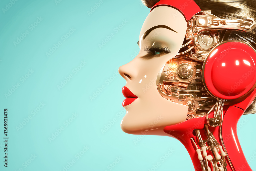 Poster robot woman with exposed circuitry and vibrant red features. bright turquoise background emphasizes 