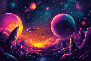 Vibrant space scene: large swirling planets in brilliant hues, surrounded by gleaming stars against a deep, cosmic backdrop.