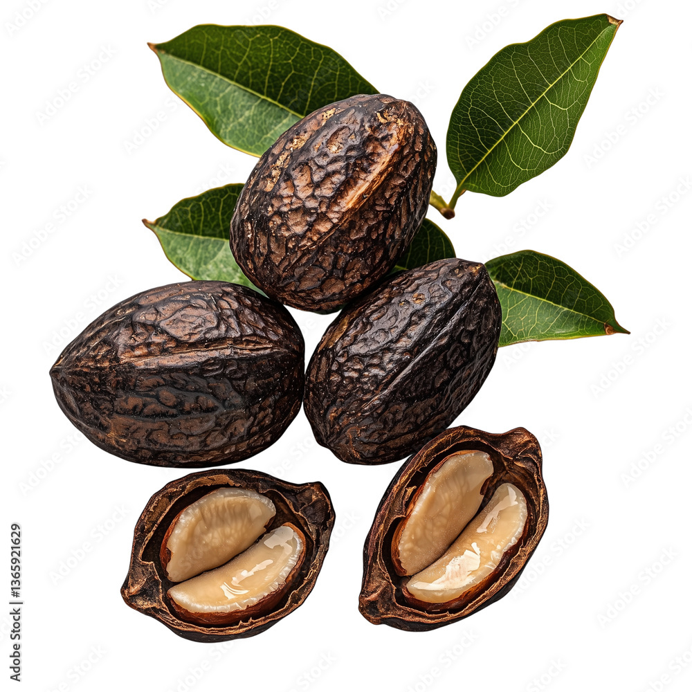 Poster mafura nuts with textured shells and green leaves showcasing both whole and split nuts for a natural