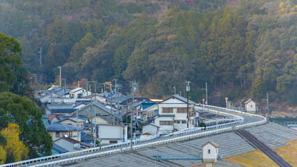熊野川沿いの町と堤防の風景