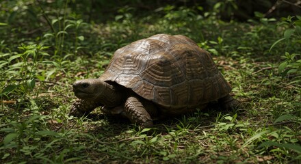 Fototapeta premium Detailed Portrait of a Wild Tortoise Resting in a Shady Green Habitat