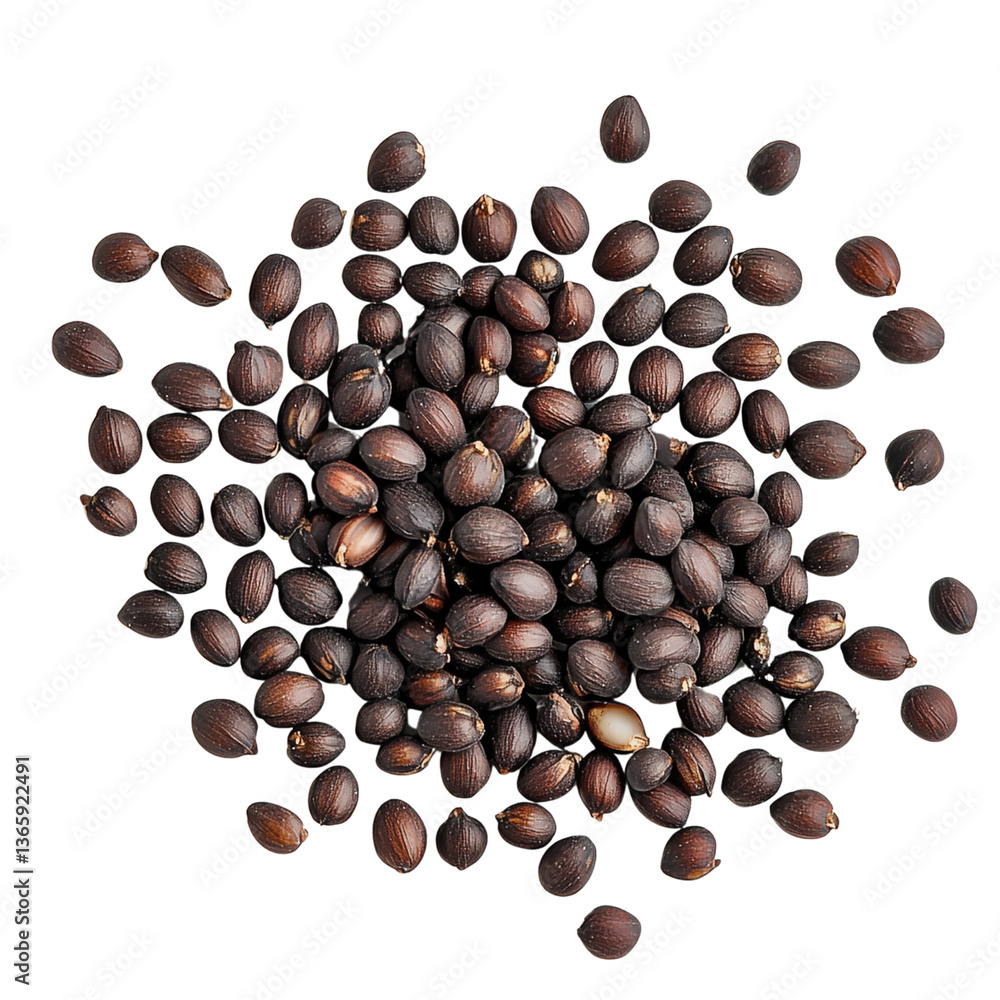 Poster a pile of dark, textured seeds scattered showcasing their distinct shapes and patterns. isolated on 