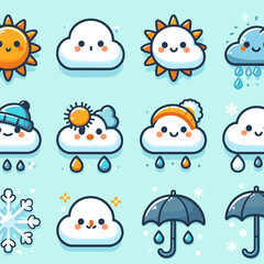 Cute weather icons featuring sunny, cloudy, rainy, and snowy characters with cheerful expressions