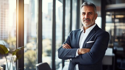 Fototapeta premium Confident businessman standing in modern office with cityscape view