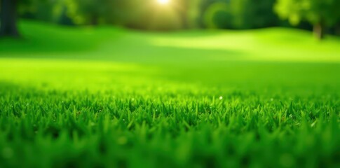 Close-up, lush green golf course grass texture, design, rough