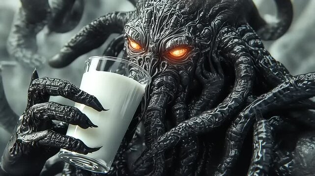 A monstrous entity from the depths enjoys a refreshing glass of milk, a humorous contrast.