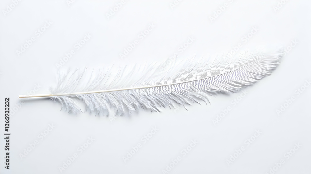 Aufkleber single white feather isolated on plain white background with delicate texture and subtle sparkle in 