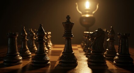 Dramatic chess match, strategic game illuminated by a vintage lamp light