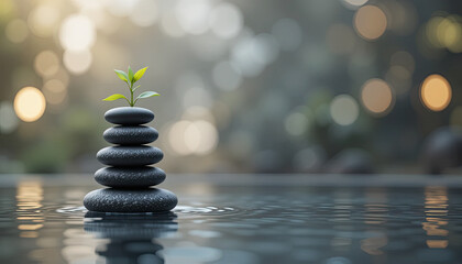 Obraz premium Plants on Balanced Stones Serenity A Mindful Background Image for Peaceful Digital Spaces