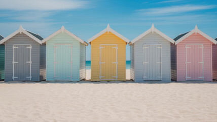 Naklejka premium Beach houses in bright pastel colors, lined up on a sandy beach. A photo with a place for the text.