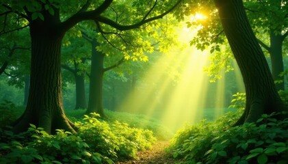 Obraz premium Golden sunlight streams through emerald canopy, photography, eco, trees