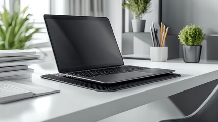 A sleek laptop cooling pad with fans, placed on a clean white desk