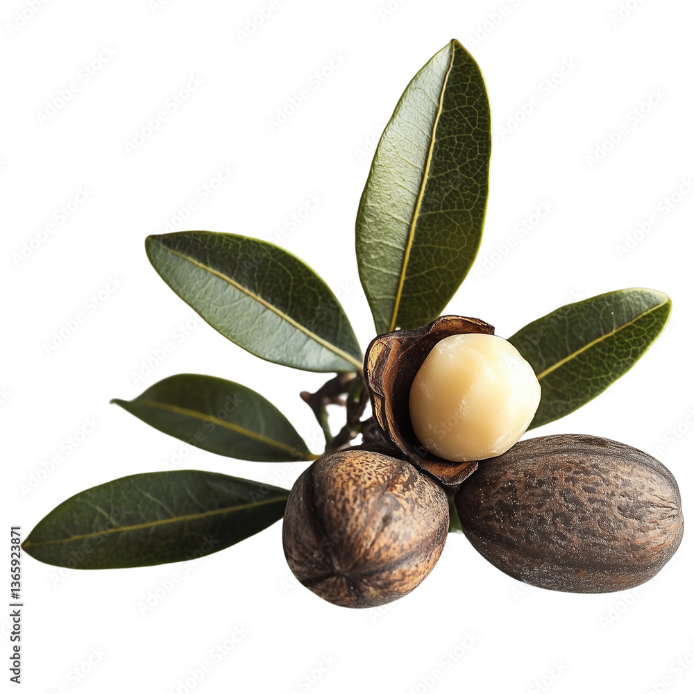 Poster a cluster of shea nuts with green leaves showcasing their unique textures. isolated on white backgro