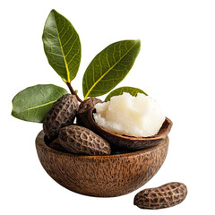 Natural ingredients featuring shea butter in a wooden bowl with nuts and green leaves emphasizing organic beauty and wellness. isolated on white background and transparent background