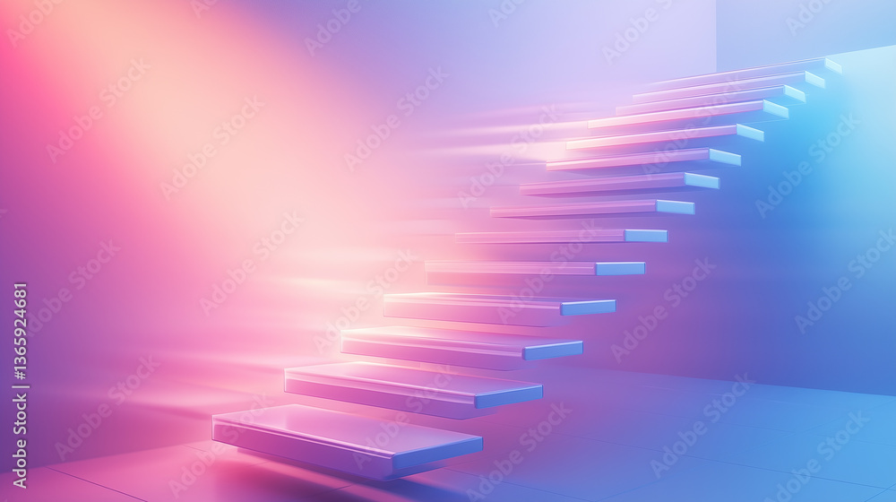 Poster floating staircase leads into ethereal light, creating an atmosphere of mystery and wonder in a surr