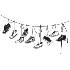 Line of Sneakers Hanging by Laces