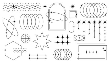 Geometric aesthetic abstract line frames and shapes with sparkles, minimalistic brutalism, and Y2K style, perfect for modern graphic design and social media templates