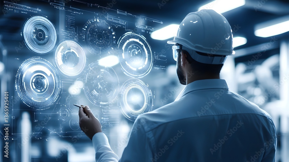 Poster innovation in engineering: a skilled engineer, viewed from behind, interacts with advanced holograph