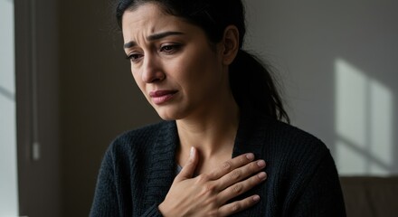 Woman in a sweater expressing emotional distress while sitting indoors